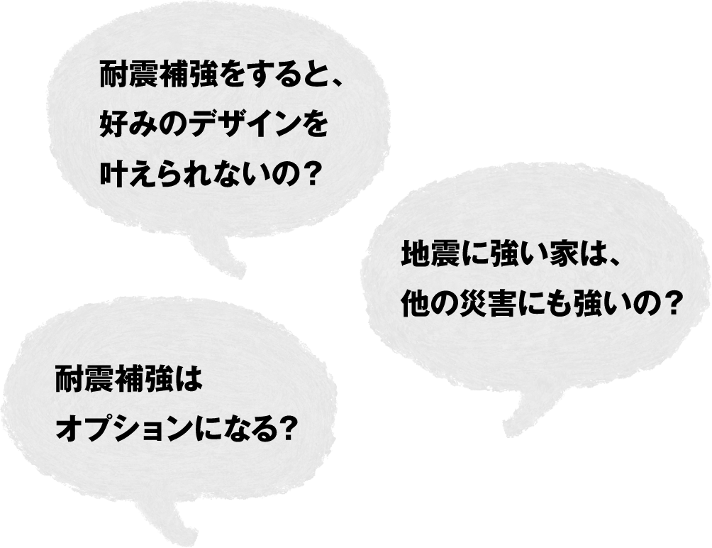 「耐震補強をすると、好みのデザインを叶えられないの？」「地震に強い家は、他の災害にも強いの？」「耐震補強はオプションになる？」